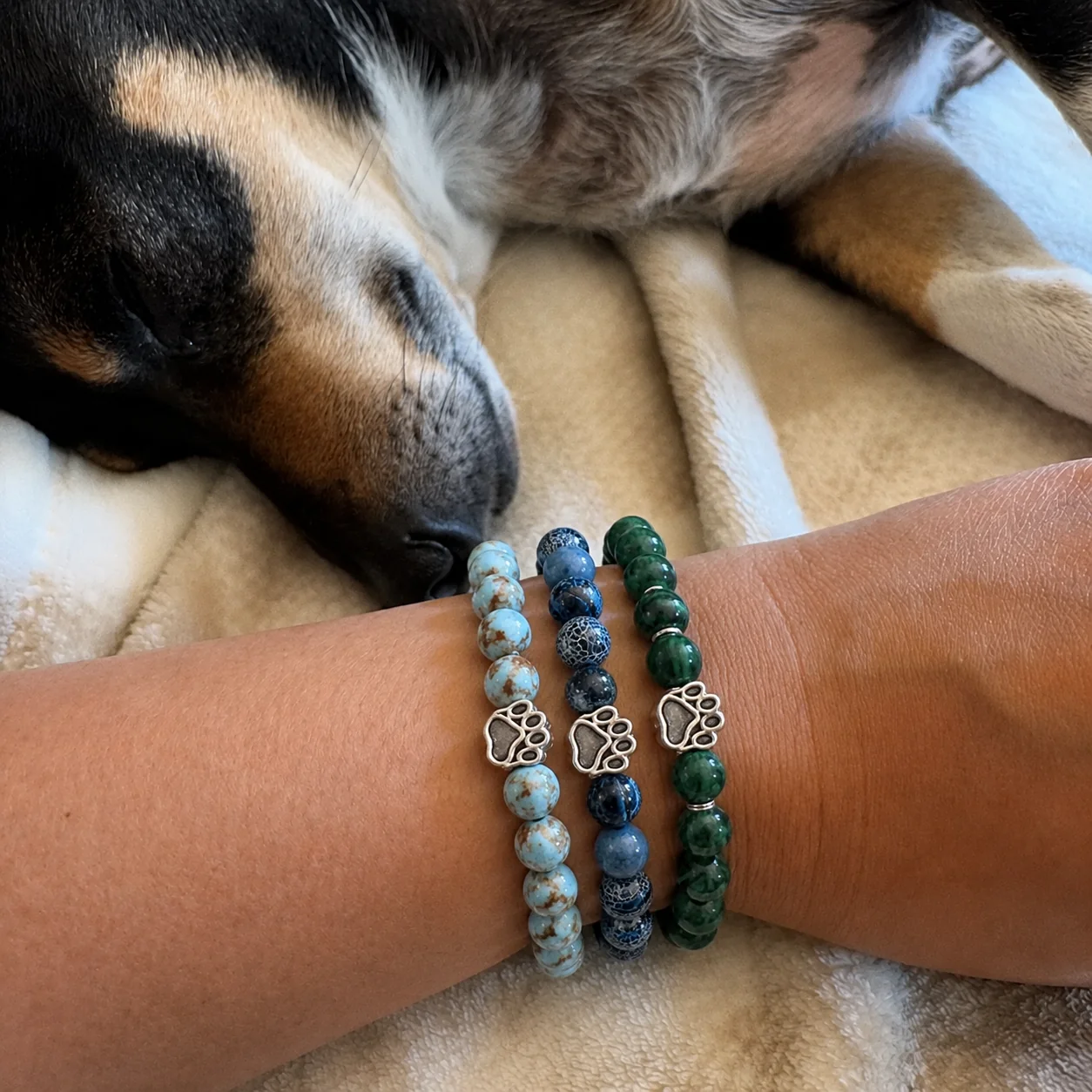 Three Buyumi bracelets worn beside a sleeping dog