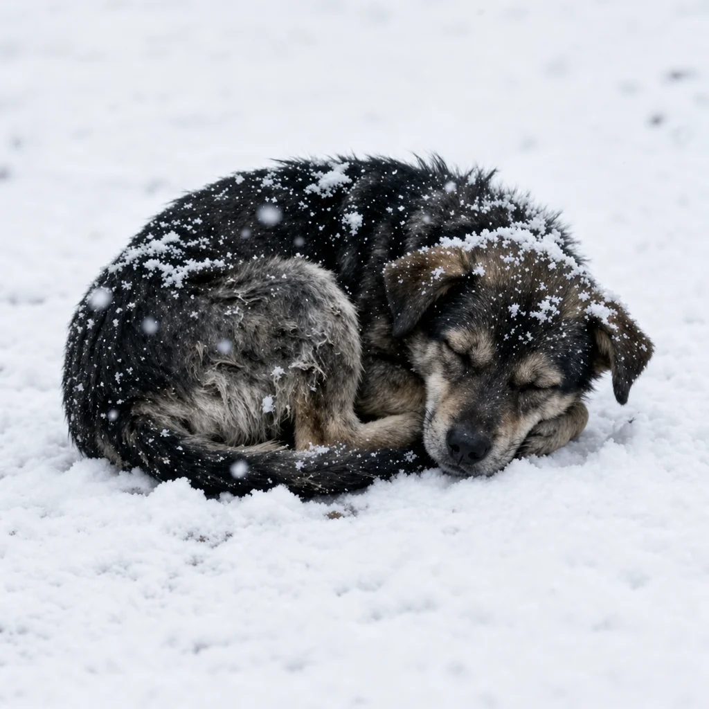An abandoned dog curled up in the snow