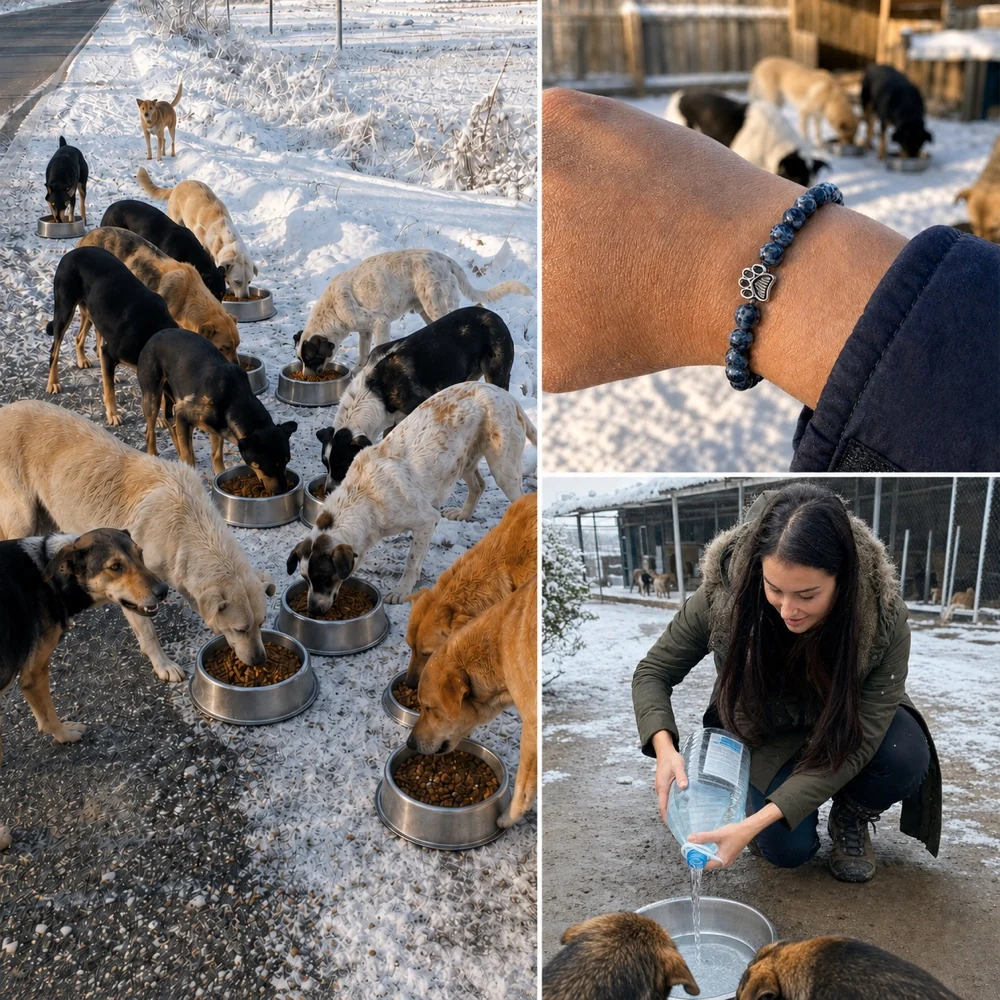 Three winter moments showing dogs eating, a Buyumi bracelet worn, and a local volunteer placing food bowls