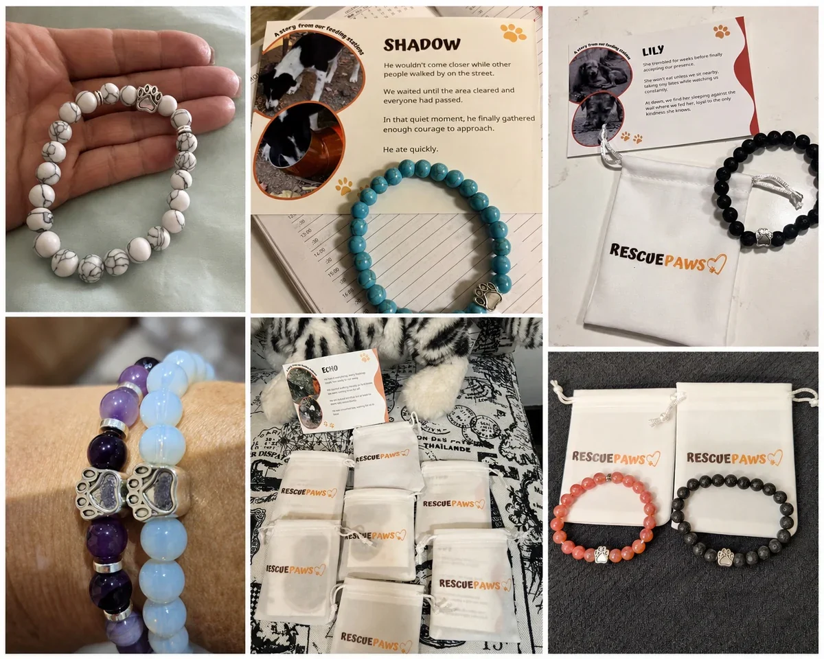 Customer photos of Buyumi bracelets, story cards, and pouches