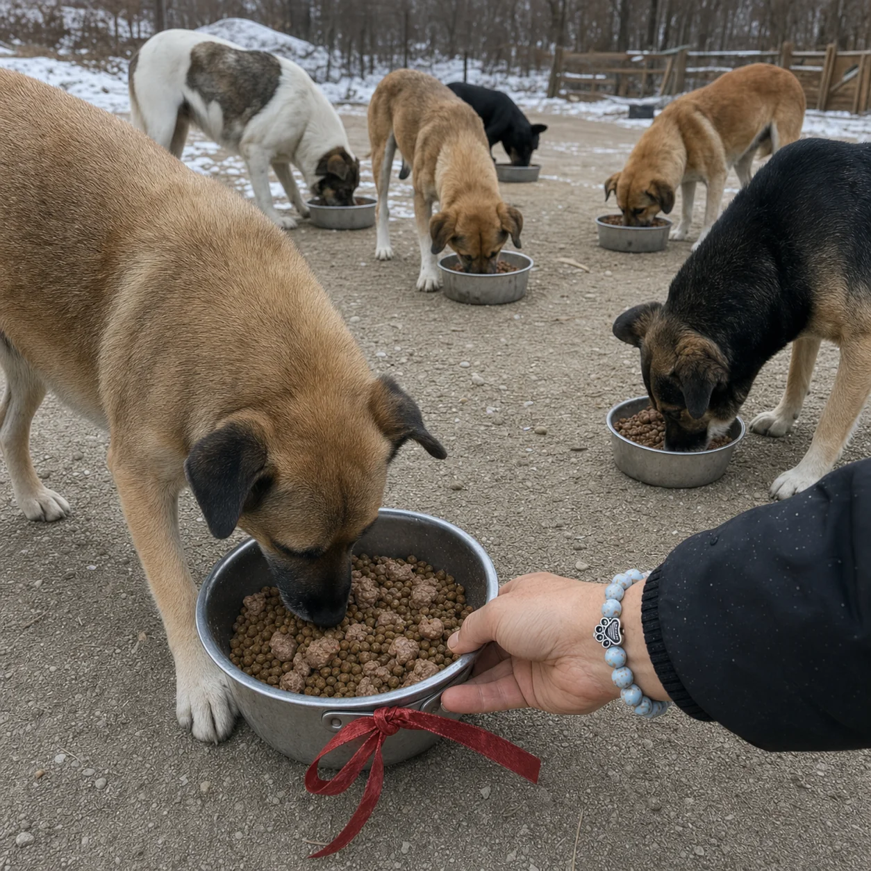A Buyumi bracelet worn while serving meals to dogs during a feeding operation