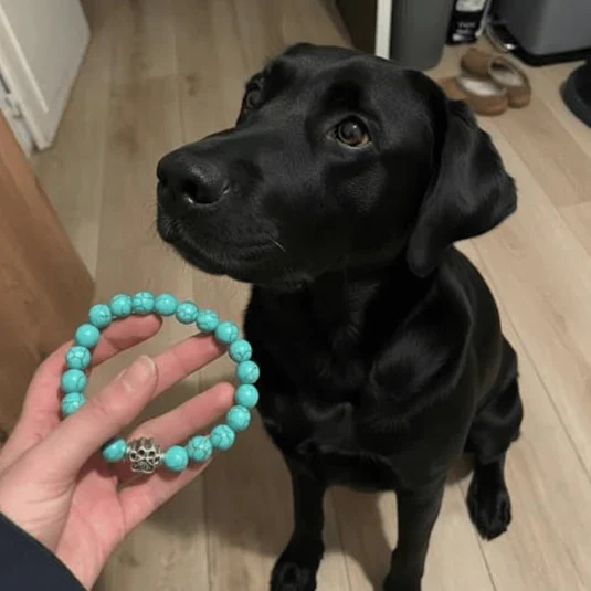 A turquoise Buyumi bracelet held beside a black dog