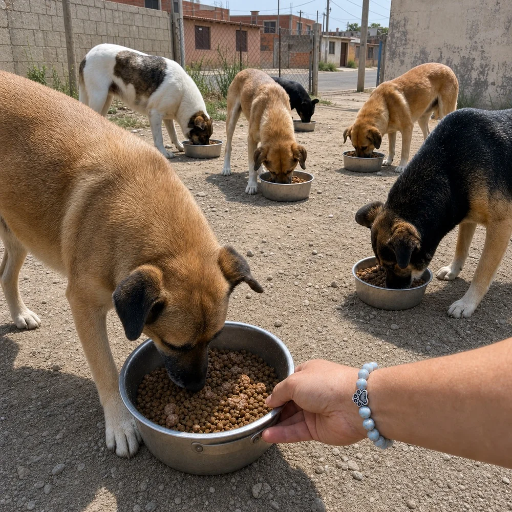 Abandoned dogs eating during an urban feeding operation, with a Buyumi bracelet visible