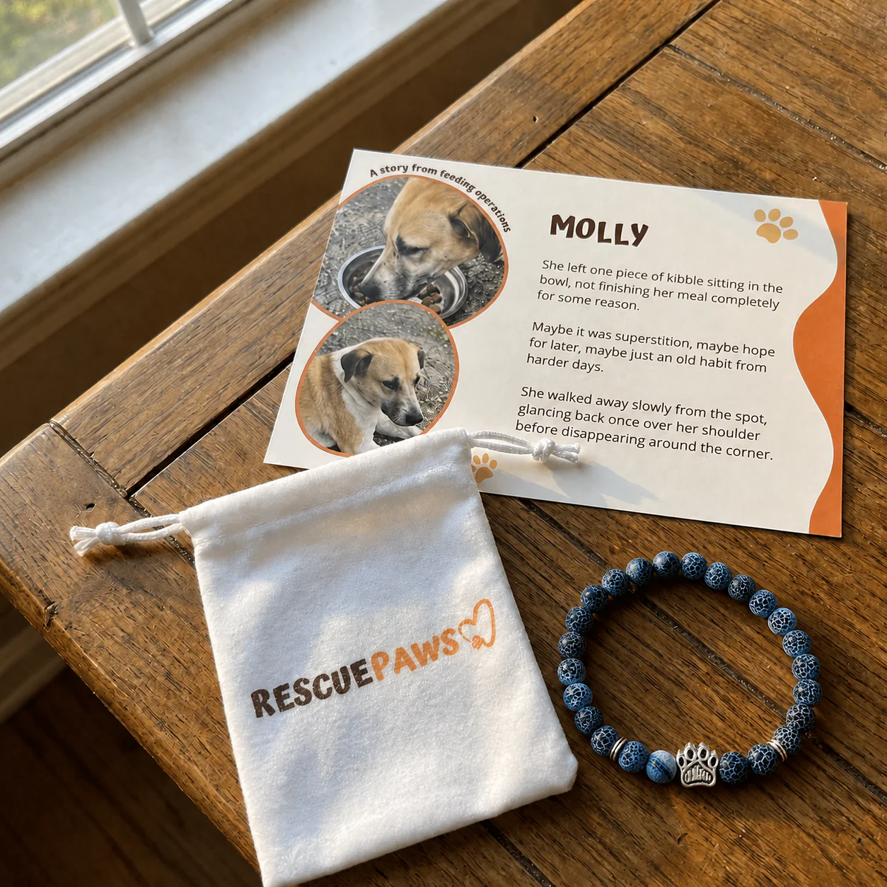 A Buyumi bracelet, gift pouch and story card from a feeding operation