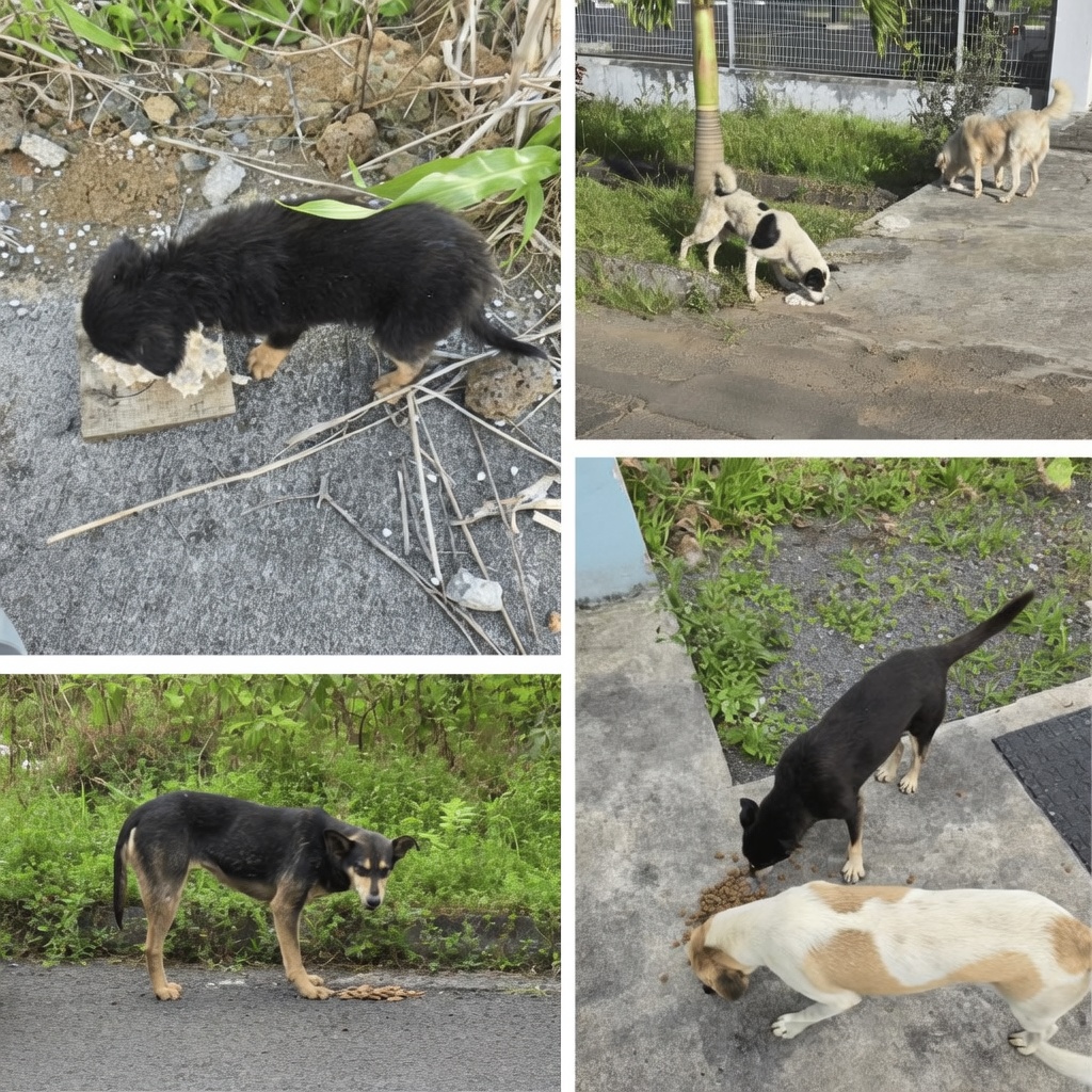 Street dogs eating kibble on roadside during Buyumi October feeding operation
