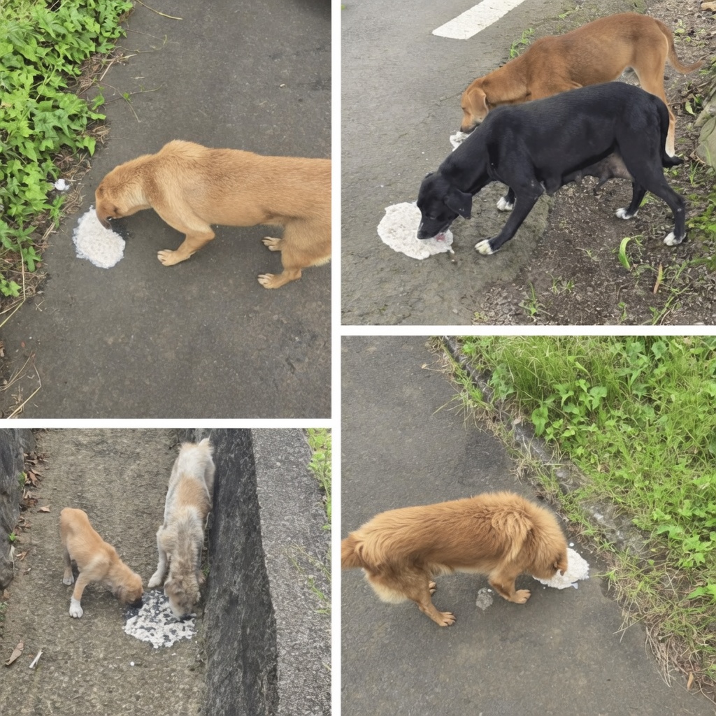 Abandoned dogs eating kibble and rice on roadside during December feeding session
