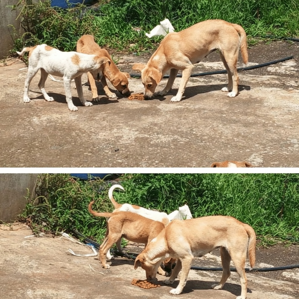 Dogs eating in urban locations during December 2025 Buyumi feeding operations