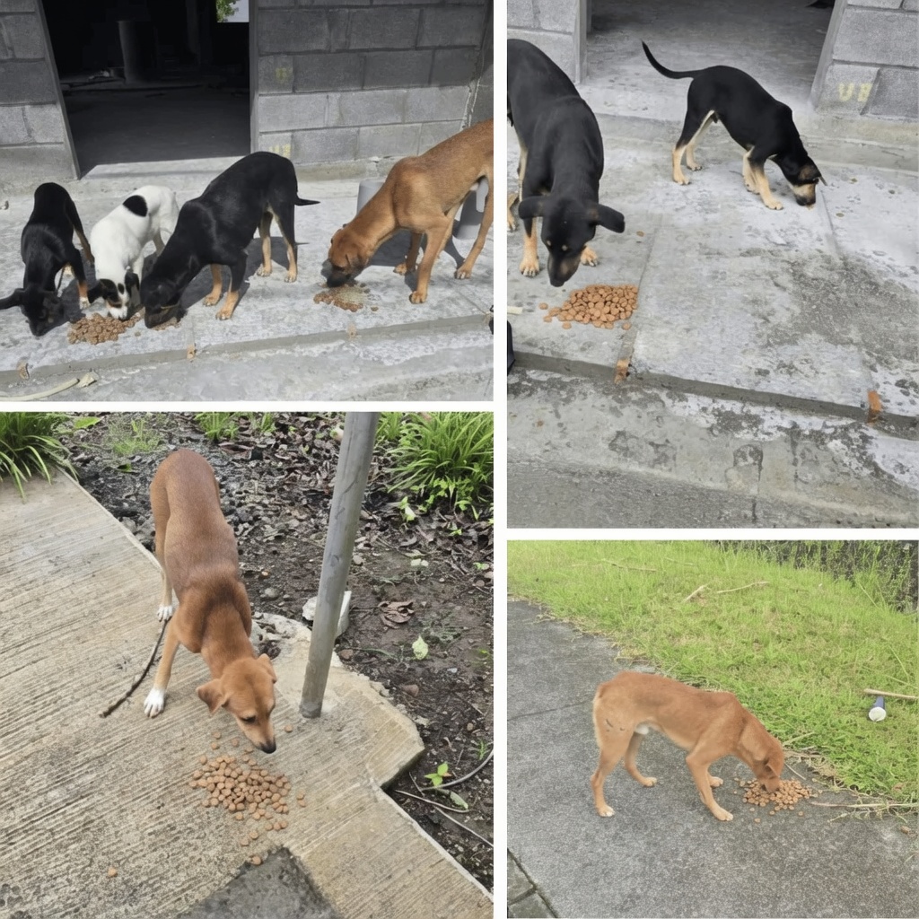 Young dogs sharing a meal together during December Buyumi feeding session