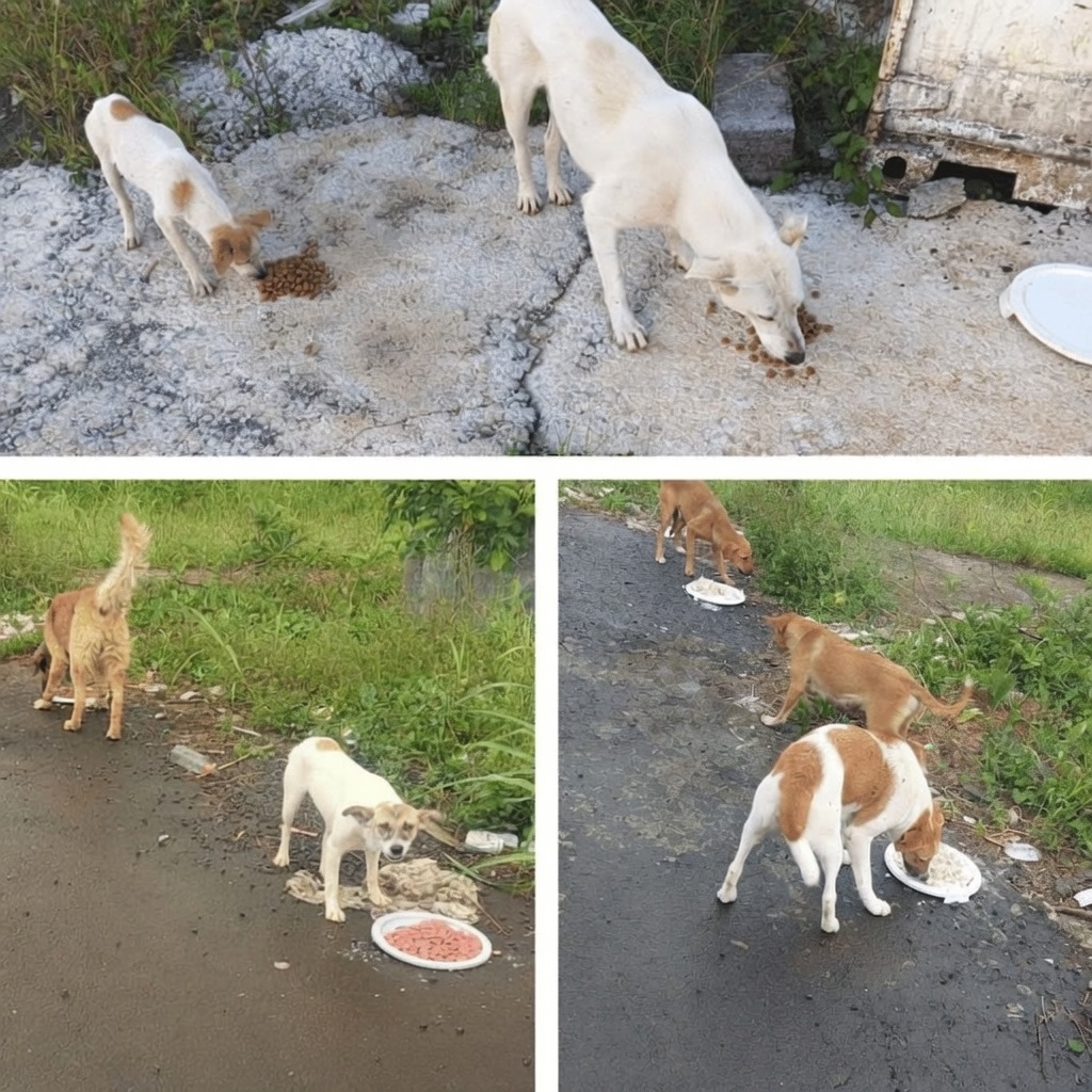 Street dogs being fed at multiple locations during December Buyumi operations