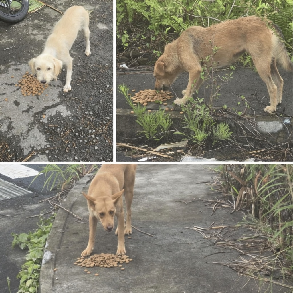 Abandoned dogs eating during January 2026 Buyumi feeding session