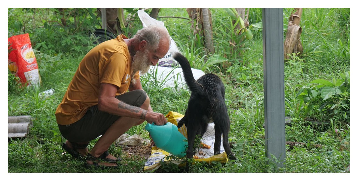 Buyumi local partner feeding a street dog during a May 2026 feeding session