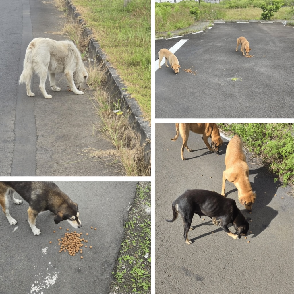Multiple abandoned dogs being fed during November 2025 Buyumi feeding sessions