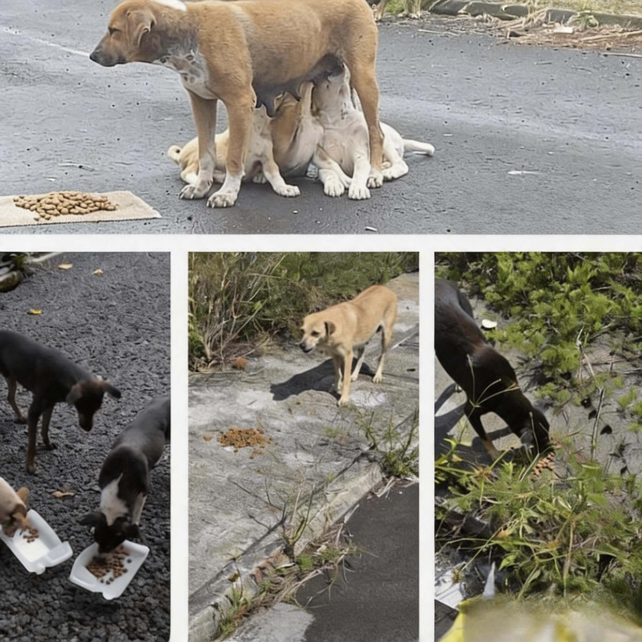 Mother dog nursing puppies while other street dogs eat during November feeding session