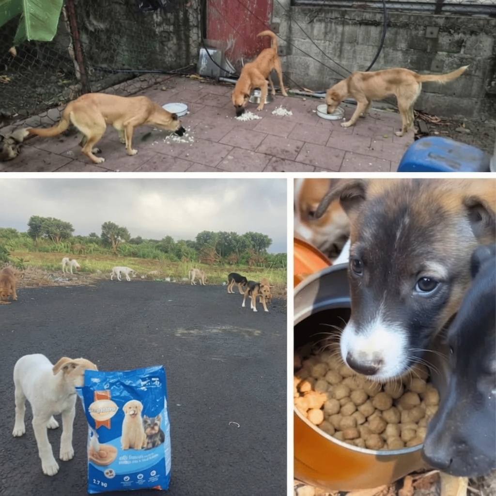 Group of abandoned dogs eating during October 2025 Buyumi feeding session