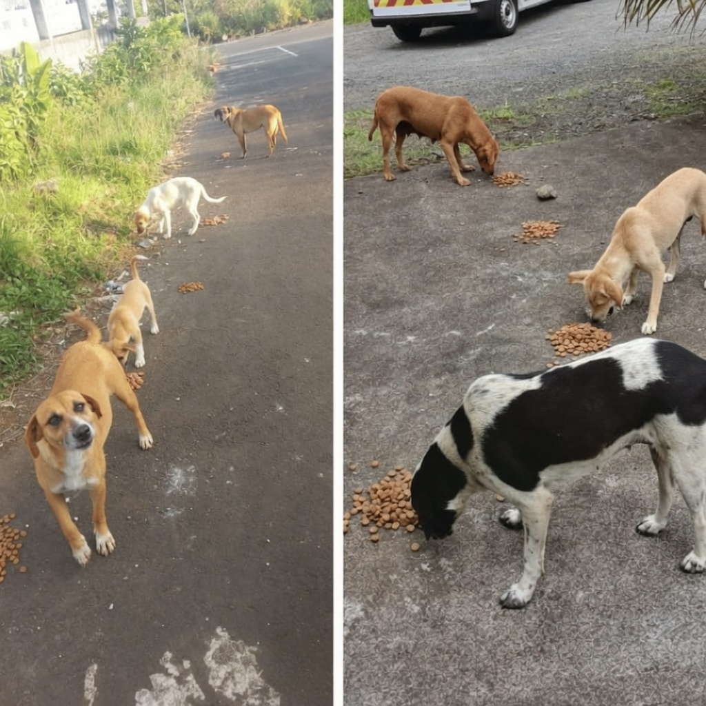 Street dogs looking at camera and eating kibble during Buyumi November operations